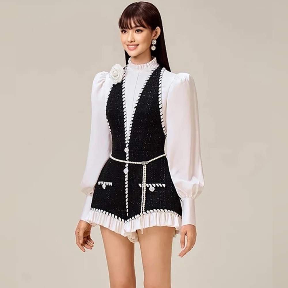 Tweed Romper with white silk top